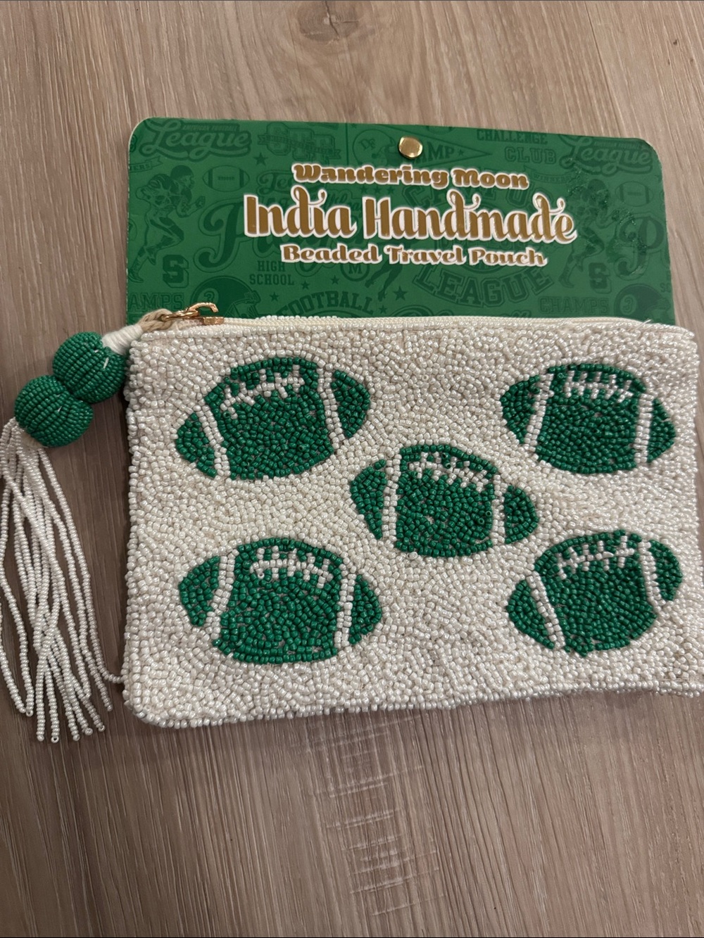 Indie Handmade Beaded White & Green Football Card Holder - Picture 2 of 9